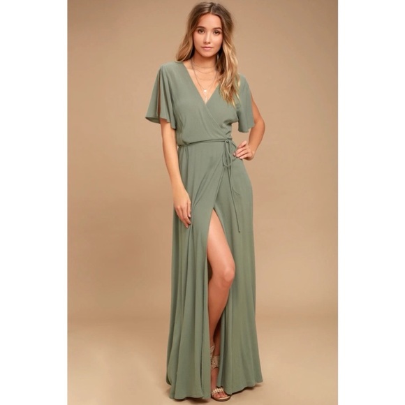 NWT lulus olive deep v maxi wrap dress - Picture 1 of 10